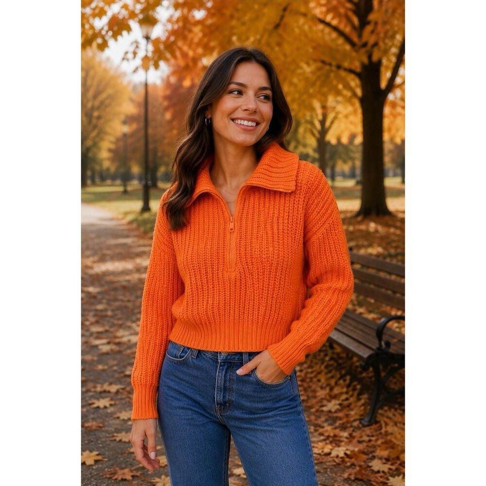 AE Cropped Quarter Zip Sweater Orange Chunky Knit Oversized Collar Women's Med